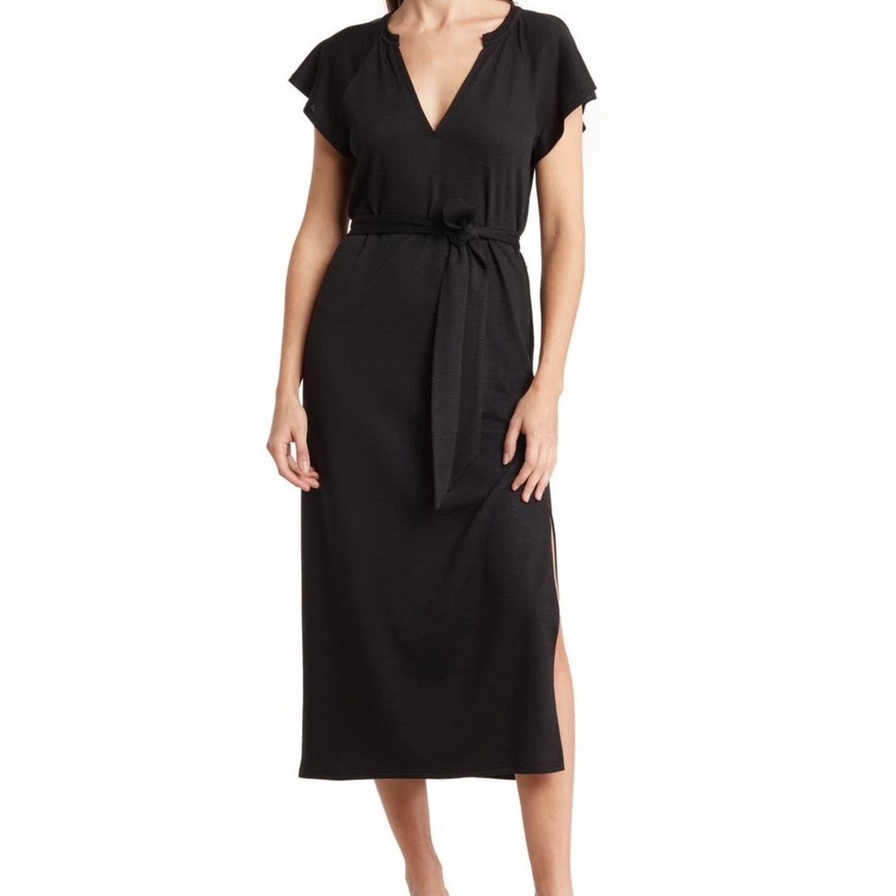 PAIGE‎ Blossom Midi Dress Black Flutter Sleeve Belted Size M